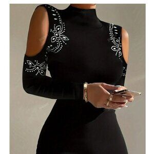High Collar Rhinestone Decorated Long Sleeve Bodycon Party Dress For Women